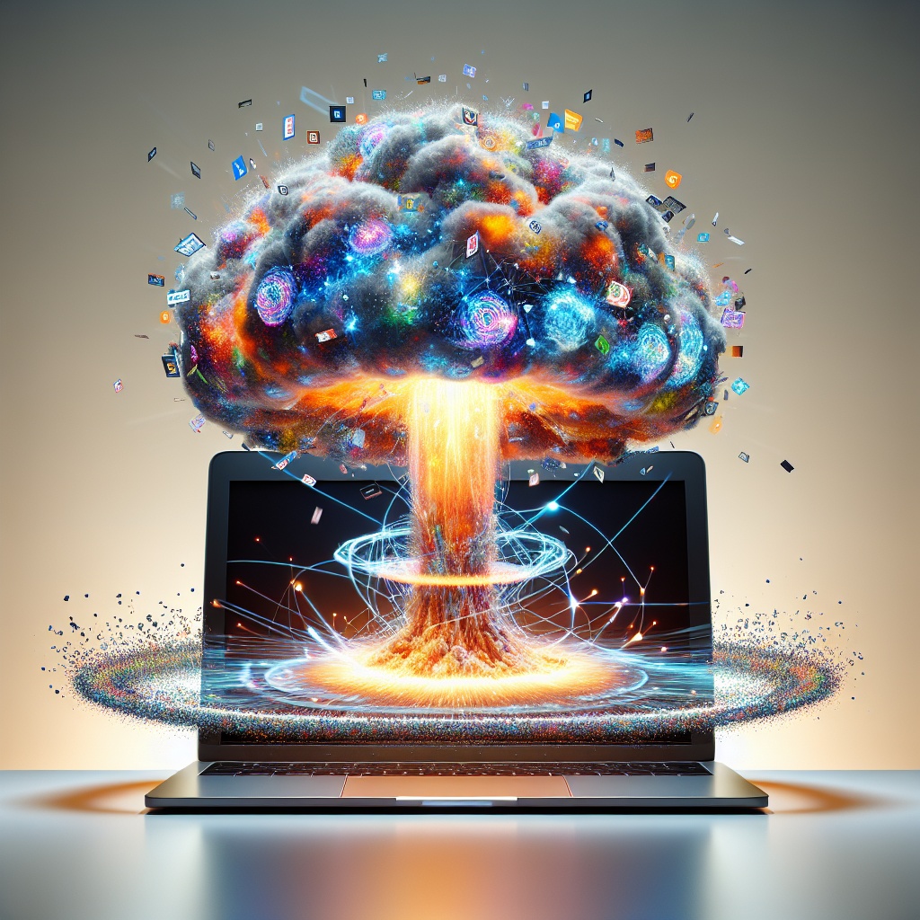 mushroom cloud exploding out of laptop