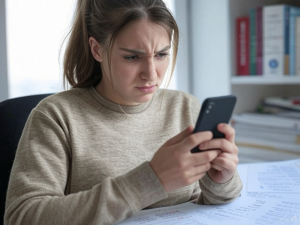 A frustrated young woman with a ponytail sits at a desk, intensely staring at her smartphone with a confused and annoyed expression