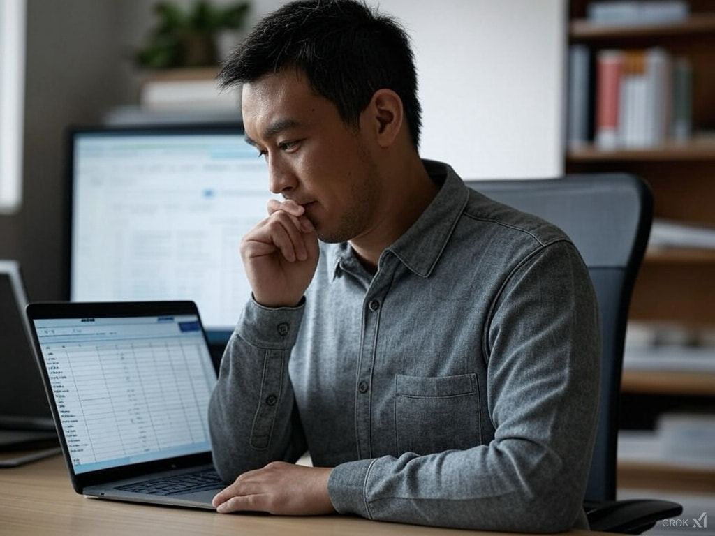 A focused man in a gray shirt sits at a desk, analyzing keyword data on a laptop. He rests his chin on his hand while reviewing a spreadsheet, possibly conducting keyword research or SEO analysis. A modern office setting with bookshelves and a large screen in the background.