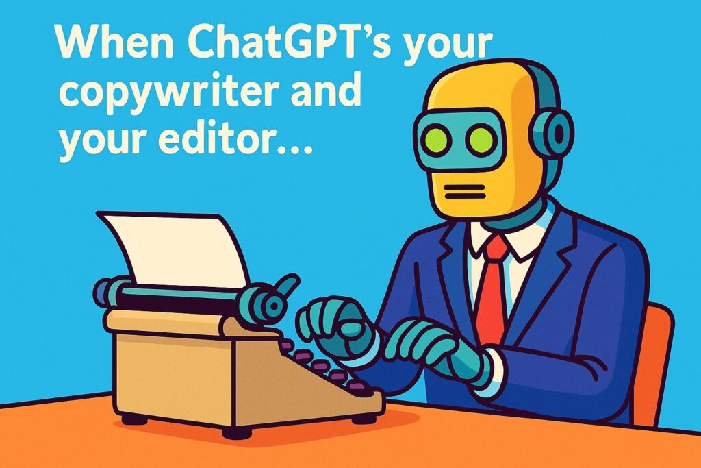 Cartoon-style illustration of a humanoid robot in a suit typing on a vintage typewriter, with the caption “When ChatGPT’s your copywriter and your editor…” displayed on a bright blue background.