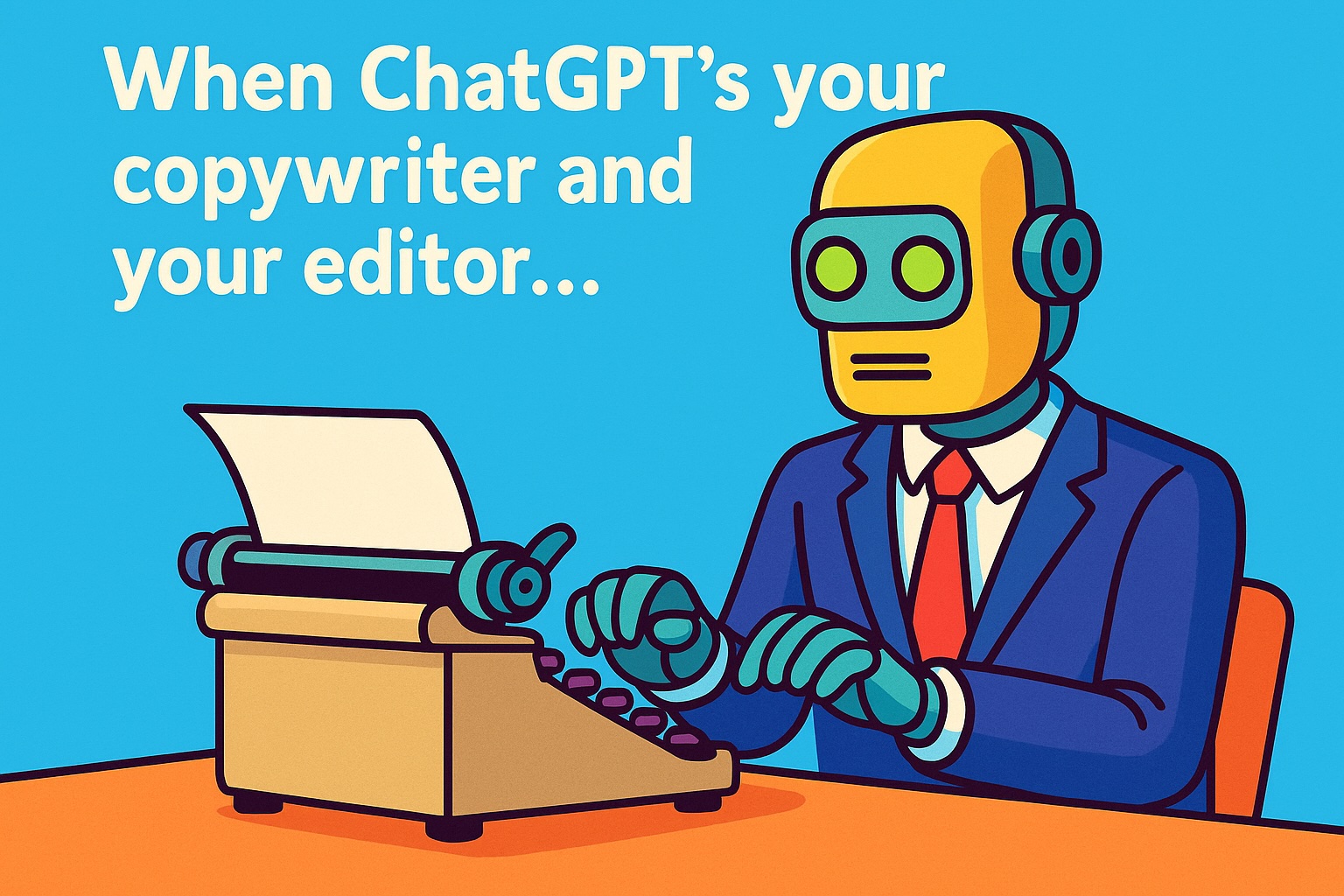 Cartoon-style illustration of a humanoid robot in a suit typing on a vintage typewriter, with the caption “When ChatGPT’s your copywriter and your editor…” displayed on a bright blue background.