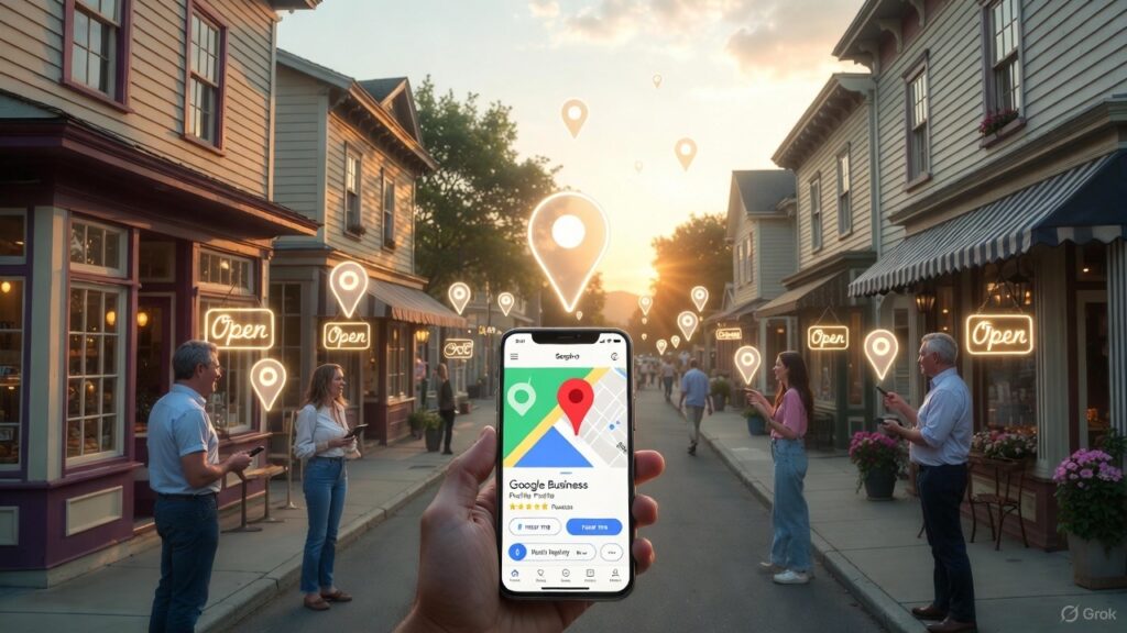 people on a street looking for local businesses on their mobile phones