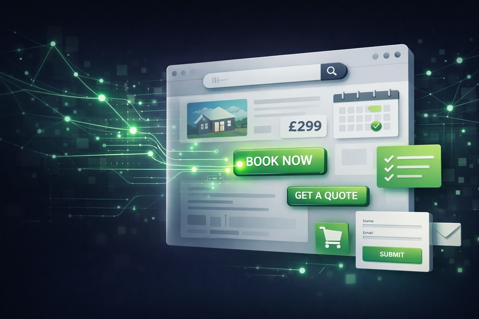 AI interacting with a website interface highlighting action-based SEO and conversion-focused design