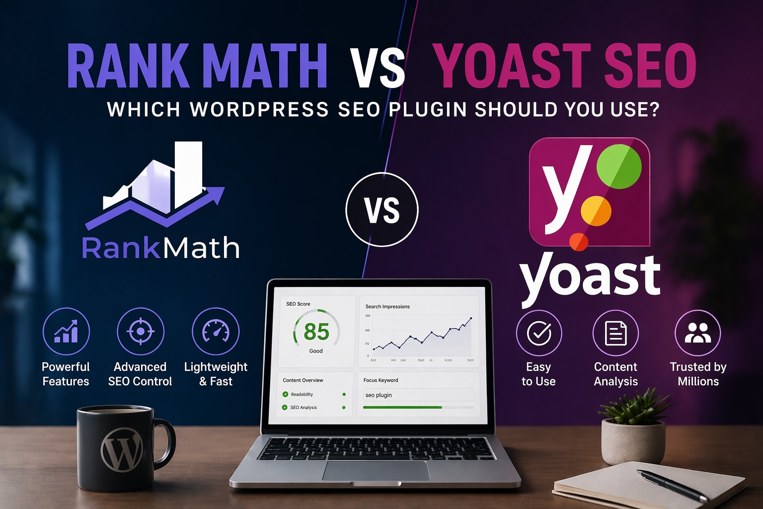 rankmath v yoast comparison with laptop with dashboard